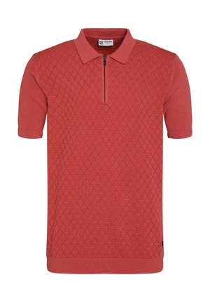 Polo shirt rossa a maniche corte con un motivo a diamante testurizzato, colletto con zip e polsini a coste. Realizzata in materiale morbido e traspirante.