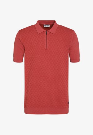 Rød kortærmet polo t-shirt med et struktureret diamantmønster, en lynlåskrave og ribbede manchetter. Fremstillet af blødt, åndbart materiale.