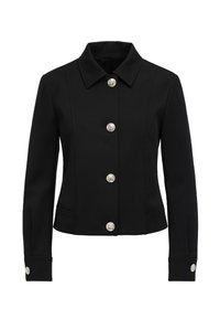 Giacca nera in tessuto liscio. Caratterizzata da un colletto appuntito, sei bottoni argentati e tasche laterali, con un taglio sagomato e maniche lunghe.