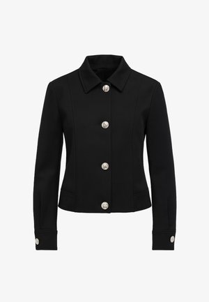 Giacca nera in tessuto liscio. Caratterizzata da un colletto appuntito, sei bottoni argentati e tasche laterali, con un taglio sagomato e maniche lunghe.
