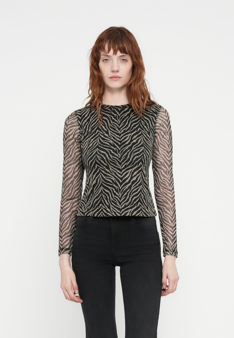 Long-sleeve top with a sheer, animal print design in black and beige, featuring a round neckline and fitted silhouette.