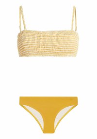 Geel bikiniset met een gesmockte bandeau top met dunne straps en een low-rise onderkant. De stof heeft een gestructureerd ruitpatroon.