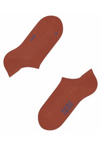 Krustfarbene Knöchelsocken aus glattem Strickmaterial mit Belüftungsmustern. Mit blauer Schrift "Falke Cool Max" an der Seite versehen.