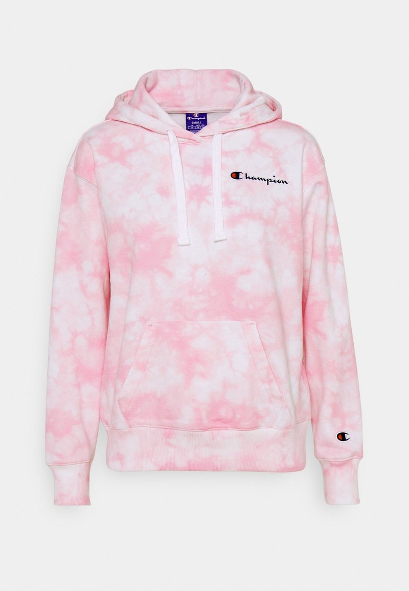 Hoodie tie-dye rose et blanc avec poche avant, cordons de serrage et logo Champion brodé sur la poitrine et le poignet.