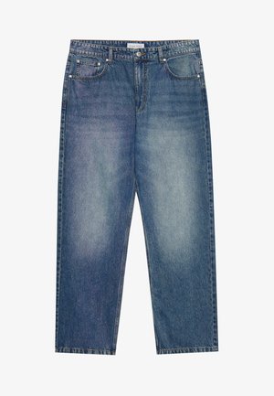 Light blue denim jeans with a loose fit, straight legs, five pockets, and contrasting stitching. Features a button and zip fly closure.