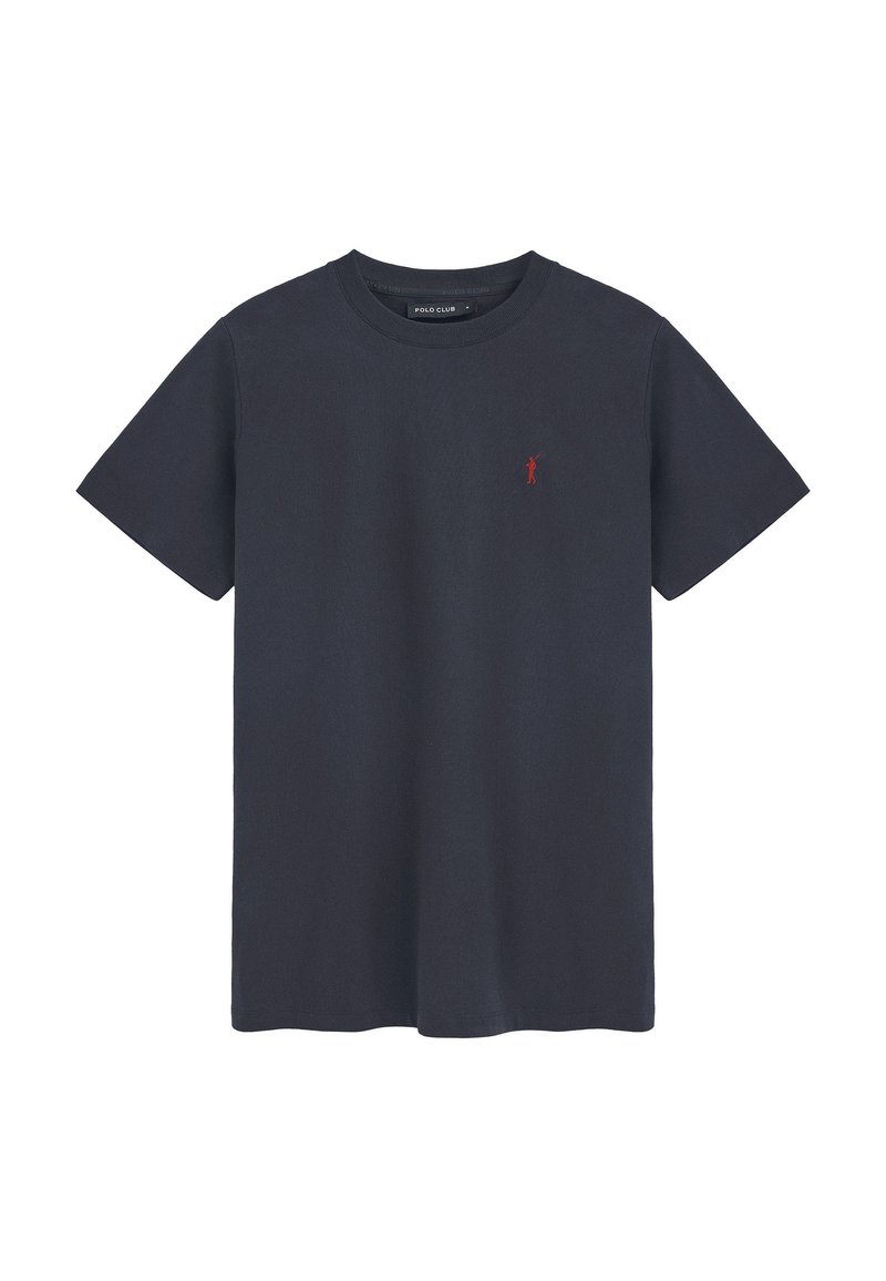 T-shirt in cotone blu navy con maniche corte, colletto tondo e accento rosso del logo nella zona sinistra del petto. Tessuto morbido, vestibilità standard.
