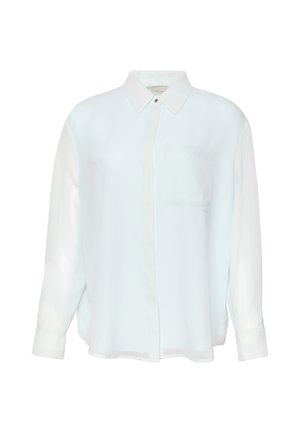 Világoskék, hosszú ujjú, gombos ing sima, áttetsző anyagból. Gallérral és egyetlen mellzsebbel rendelkezik. Hétköznapi, laza kialakítás.