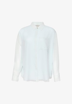 Világoskék, hosszú ujjú, gombos ing sima, áttetsző anyagból. Gallérral és egyetlen mellzsebbel rendelkezik. Hétköznapi, laza kialakítás.