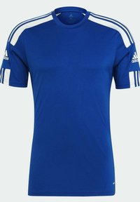 Blå idrottströja med korta ärmar, rundad halsringning, vita axelränder och Adidas-logotyp på bröstet och ärmarna. Tillverkad av syntetiskt material.