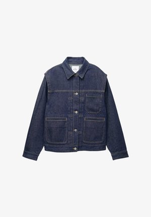 Mörkblå denimjacka med krage, metalldetaljer längs framsidan, en bröstficka och två stora framfickor.
