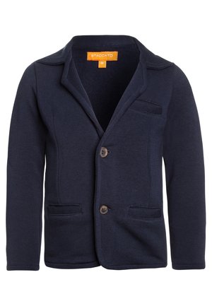Granatowy swetrowy żakiet z klapami, dwoma przednimi kieszeniami, kieszonką na piersi i brązowymi guzikami. Wykonany z miękkiego, teksturowanego materiału.