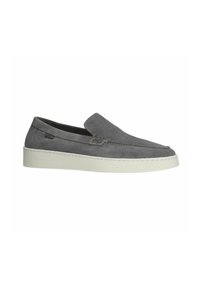 Graue Wildleder-Slipper mit runder Zehenpartie und kontrastierender weißer Gummisohle. Mit minimaler Naht und einem kleinen Logoprint.