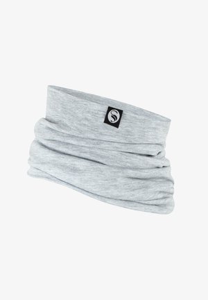 Collo in tessuto elasticizzato grigio con design morbido. Presenta un piccolo etichetta nera. Texture morbida e versatile per varie attività.