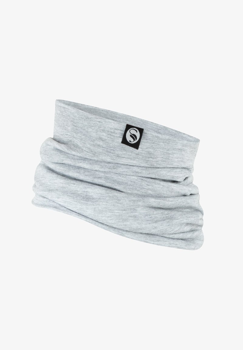 Collo in tessuto elasticizzato grigio con design morbido. Presenta un piccolo etichetta nera. Texture morbida e versatile per varie attività.