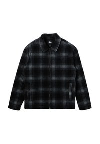 Black and gray plaid fleece jacket with a collared neck, zip front, and side pockets. Soft texture with a boxy shape and relaxed fit.