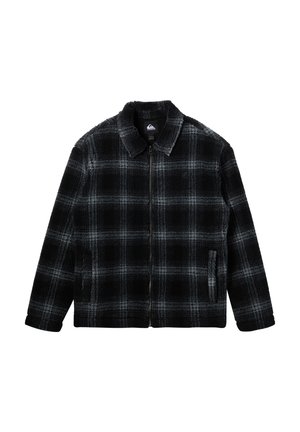 Black and gray plaid fleece jacket with a collared neck, zip front, and side pockets. Soft texture with a boxy shape and relaxed fit.