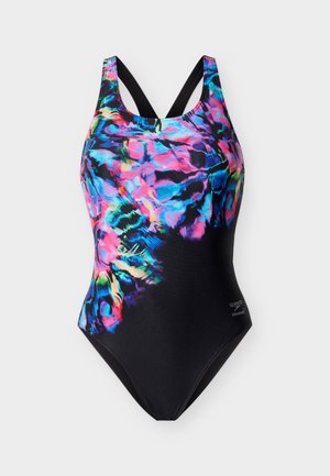 Viens gabals melna peldkostīms ar dzīvīgu daudzkrāsainu abstraktu rakstu augšējā pusē un krusteniski melnām siksnām aizmugurē.