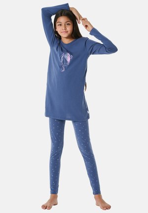 Blaues Baumwoll-Pyjama-Set mit einem Langarmoberteil, das ein Einhorn-Graphic zeigt, und passenden Leggings, die mit kleinen weißen Sternen verziert sind.