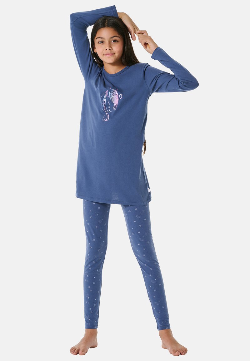 Conjunto de pijama de algodón azul que incluye una camiseta de manga larga con un gráfico de unicornio y leggings a juego decorados con pequeñas estrellas blancas.