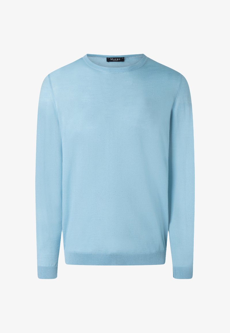 Hellblauer Langarm-Rundhalspullover mit gerippten Bündchen an Ärmeln und Saum, hergestellt von Maerz aus einem glatten Strickstoff.