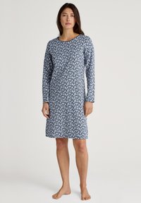 Navy blue long-sleeve dress with a floral pattern, round neckline, and straight cut. Made of soft fabric, knee-length, comfortable fit.