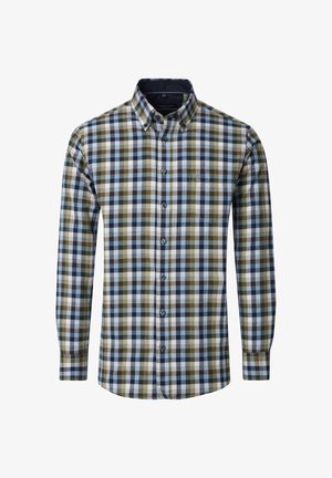 Langärmeliges kariertes Hemd mit grünen, blauen und weißen Karomustern, Button-Down-Kragen und einer Brusttasche auf der linken Seite.