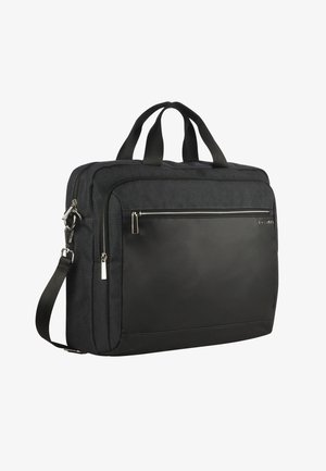 Sac à dos d'ordinateur noir avec un extérieur en tissu et un devant en simili-cuir brillant. Dispose de doubles poignées et d'une sangle ajustable. Poche avant zippée.