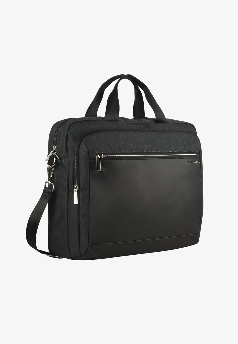 Sac à dos d'ordinateur noir avec un extérieur en tissu et un devant en simili-cuir brillant. Dispose de doubles poignées et d'une sangle ajustable. Poche avant zippée.