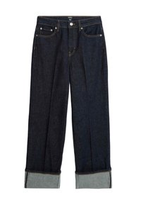 Jeans a gamba larga di un blu scuro con orlo arrotolato, caratterizzati da cuciture arancioni e design classico a cinque tasche. Realizzati in tessuto denim.
