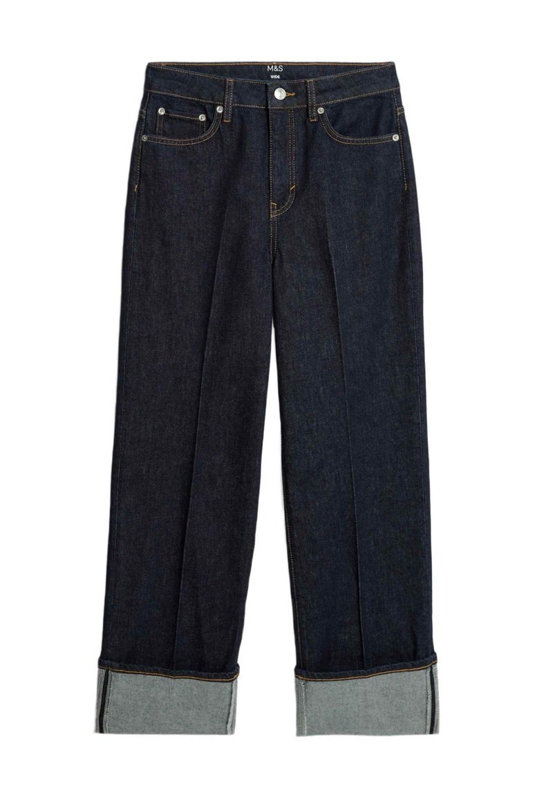 Jeans a gamba larga di un blu scuro con orlo arrotolato, caratterizzati da cuciture arancioni e design classico a cinque tasche. Realizzati in tessuto denim.