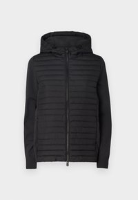 Sort hættetrøje med en puffer-quilted front, glatte ærmer, lynlås-lukning og snore i hætten. Designet til varme og komfort.