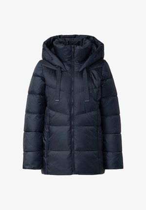 Marineblauer Pufferjacke mit Kapuze, ausgestattet mit einem Reißverschluss, zwei seitlichen Reißverschlusstaschen und strukturierten Logo-Gurten an der Kapuze.