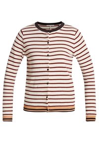 Gestreifte Strickjacke aus weichem Material in Creme mit rost- und braunen Streifen. Rundhalsausschnitt, Knopfverschluss sowie gerippte Bündchen an Ärmeln und Saum.