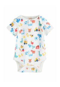 Rövid ujjú baba body fehér pamutból, vidám mintával, amely több színű állatokat, traktorokat és növényeket ábrázol.