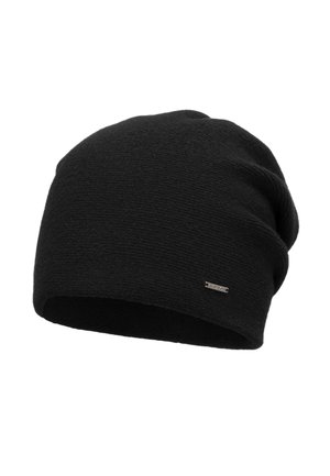 Berretto lavorato a maglia nero con una superficie testurizzata, design slouchy e un piccolo logo in argento su un lato. Realizzato in un materiale morbido e caldo.