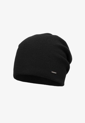 Bonnet en tricot noir avec une surface texturée, au design décontracté et un petit logo en argent sur un côté. Fabriqué à partir d'un matériau doux et chaud.