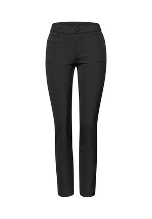 Sorte slim-fit bukser med frontlommer, bæltestropper og en knaplukning i taljen mod en hvid baggrund.