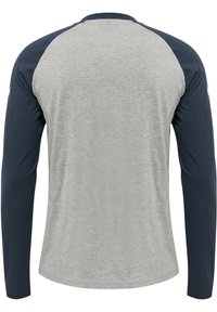 Langærmet raglan-skjorte med grå krop og mørkeblå ærmer vist bagfra mod en hvid baggrund.