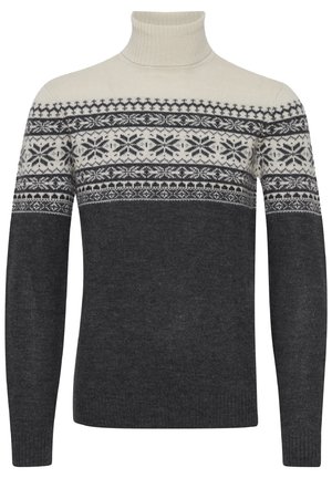 Kootud kampsun, millel on kõrge krae, kreemivärvi ülaserv ja tumashall kere. Kaunistatud lumehelbe mustriga rinnal.