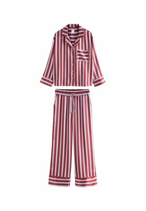 Röd och vit randig pyjamasset med en kragad knapplös skjorta och lösa byxor med elastisk midja och dragsko.