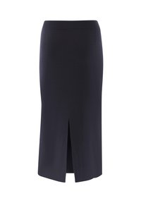 Schwarzer, knielanger Bleistiftrock aus einem glatten Stoff mit einem Schlitz vorne, der eine taillierte Passform und ein sauberes, minimalistisches Design aufweist.