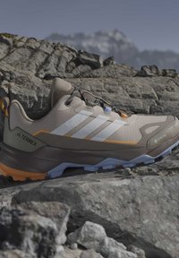 Μπεζ και καφέ πεζοπορικό παπούτσι Adidas Terrex με Gore-Tex, λευκές ρίγες και ανθεκτική σόλα σε βραχώδες έδαφος κάτω από καθαρό ουρανό.
