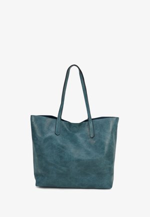 Blauwgroene (teal) faux leren shopper met twee schouderbanden, een gladde textuur en eenvoudig, onbewerkt design.