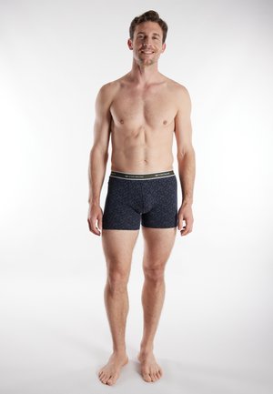 Dark blue boxer briefs with a subtle geometric pattern, elastic waistband, and logos. Smooth fabric with a snug fit, suitable for daily wear.