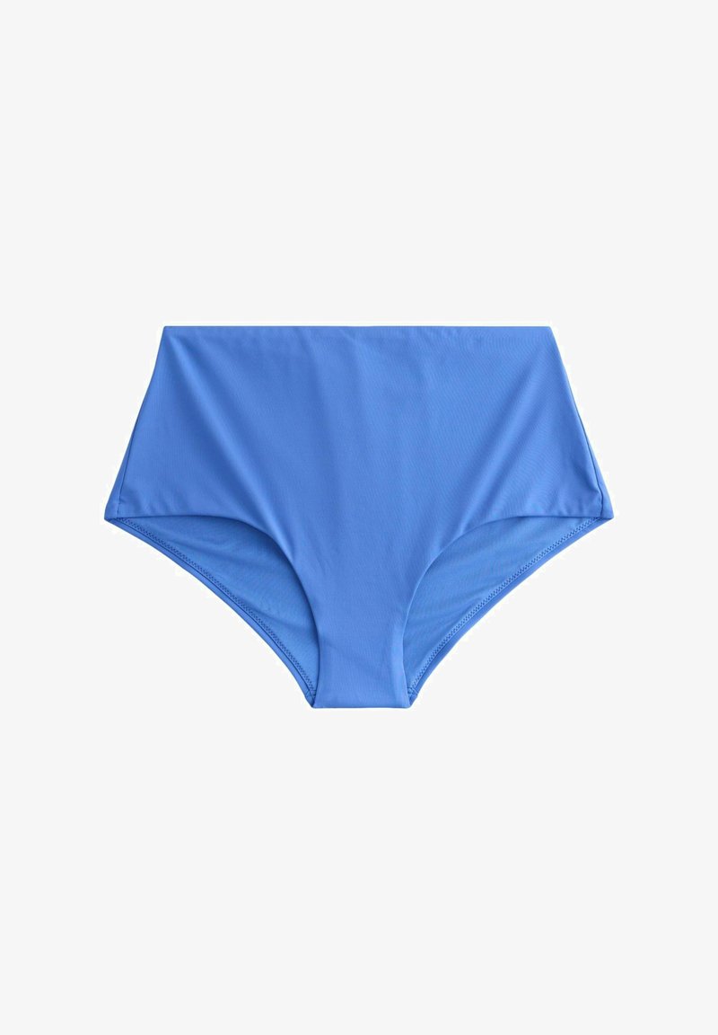 Braguitas de bikini de mujer de talle alto en color azul, con tejido suave y bordes cosidos, dispuestas planas sobre un fondo blanco.