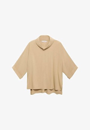 Beige T-shirt met korte mouwen en een kraag, met een losse pasvorm en een iets langere achterkant. Glad, lichtgewicht materiaal zonder zichtbare patronen.