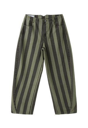Pantalon à jambes larges avec des rayures verticales vert foncé et noir, poches avant et fermeture par bouton à la taille.