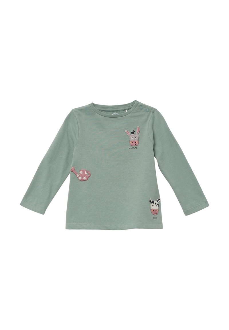 Lange mouwen, muntgroene katoenen T-shirt met geborduurde ontwerpen van een ezel, gieter en koe. Inclusief twee schouderknopen.