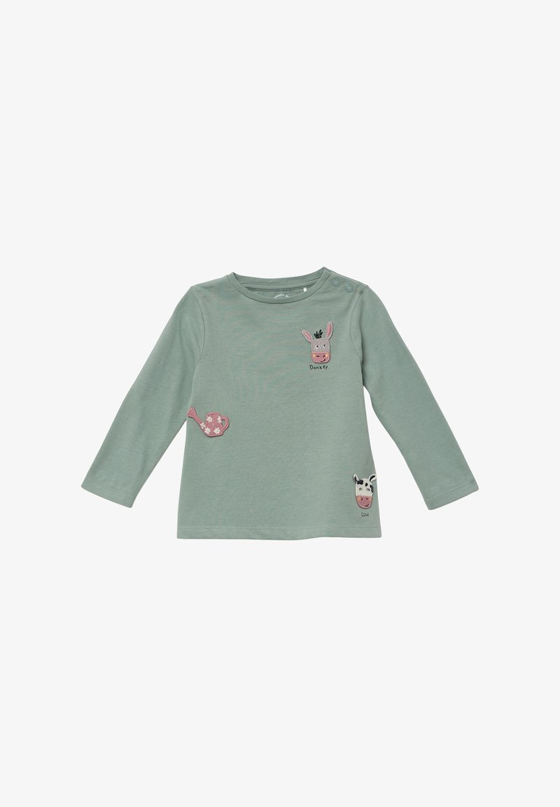 Langärmeliges, mintgrünes Baumwoll-T-Shirt mit bestickten Designs eines Esels, einer Gießkanne und einer Kuh. Mit zwei Druckknöpfen an der Schulter.