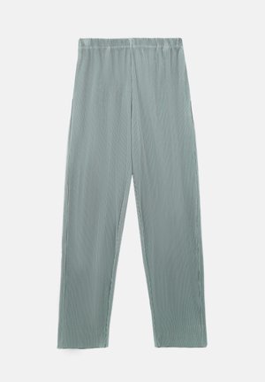 Jasnozielone, szerokie spodnie z teksturowanej tkaniny z subtelnymi pionowymi paskami, z elastycznym pasem i bez kieszeni.
